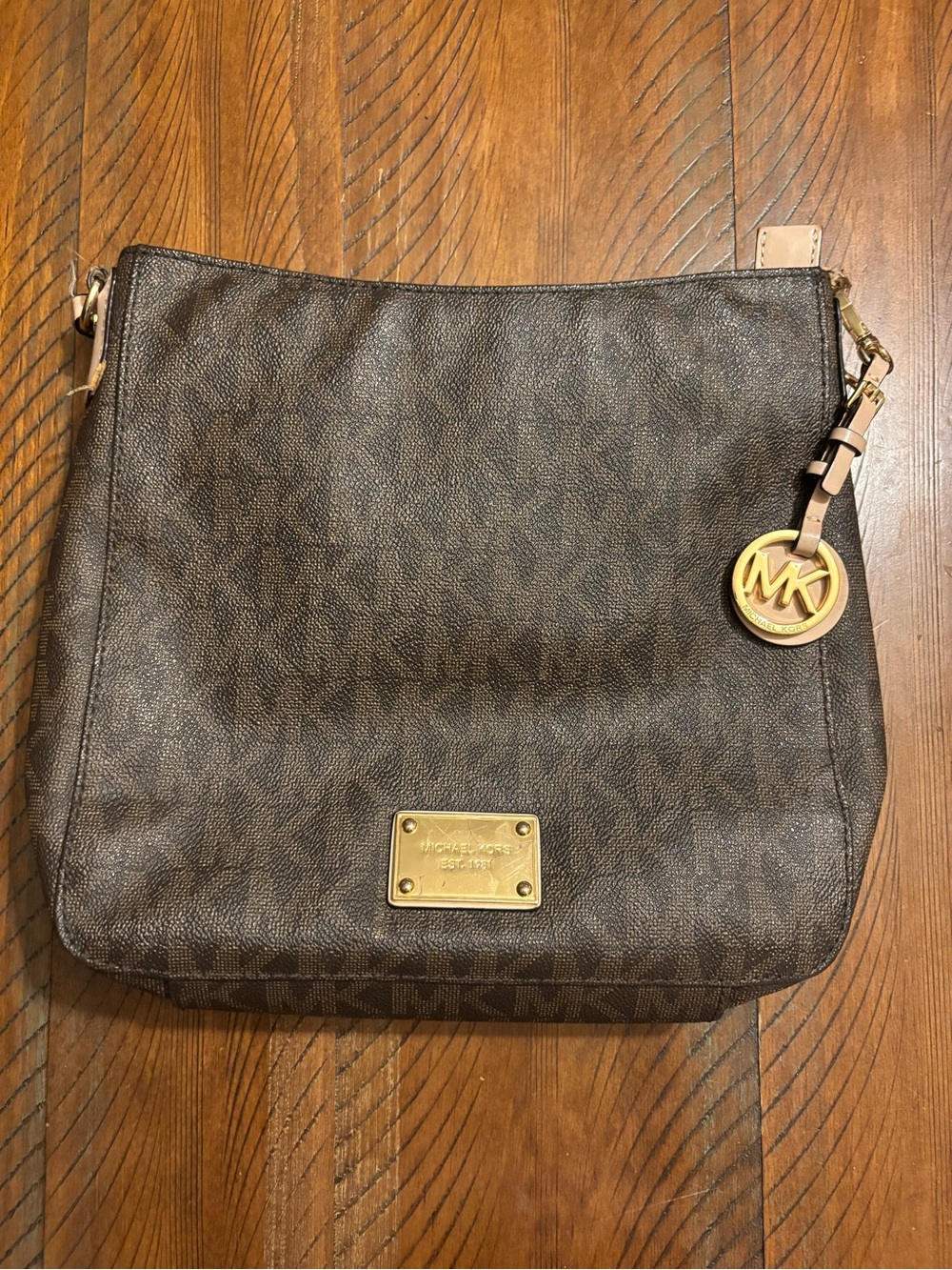 Michael Kors Brown Logo-Print Shoulder Bag with Gold Accent